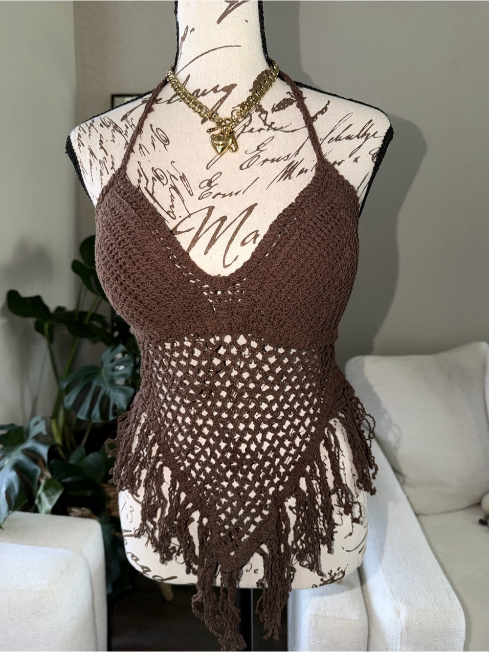 Sans Souci Brown Crochet Fringe Halter